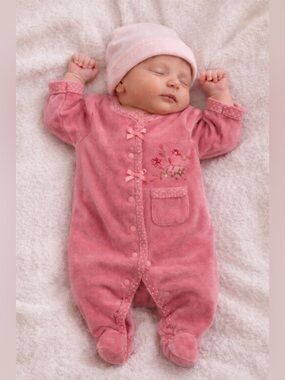 Pink Baby Footie with Floral Embroidery vintage look Snugabye Newborn Size